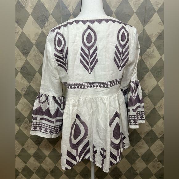 Greek Archaic Kori White Linen Blouse with Purple Embroidery - Picture 4 of 7